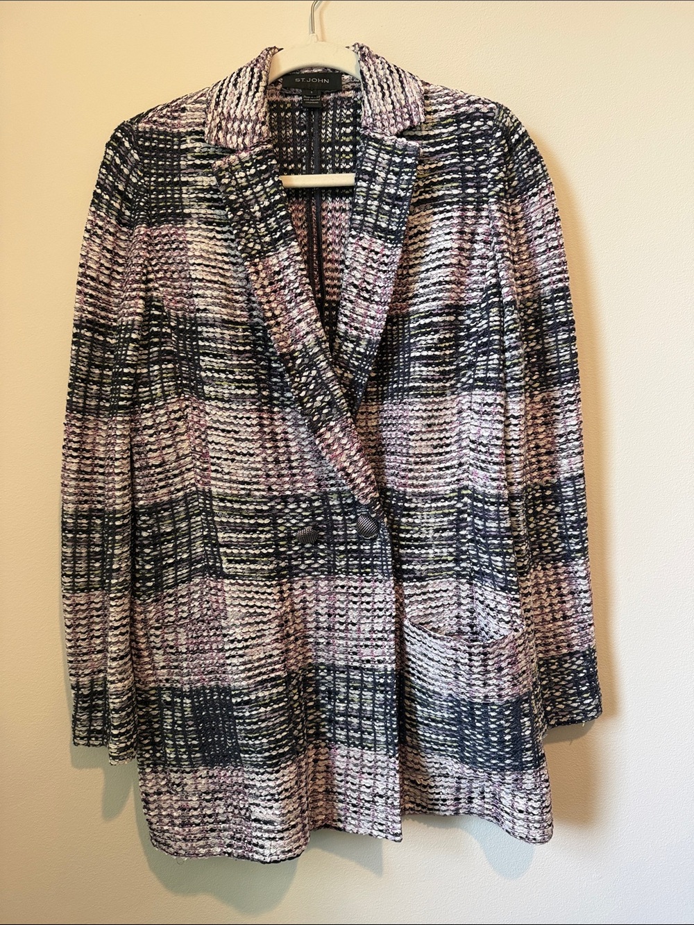 St.John Collection Purple,Black and Green Textured Tweed Long Blazer with Pocket